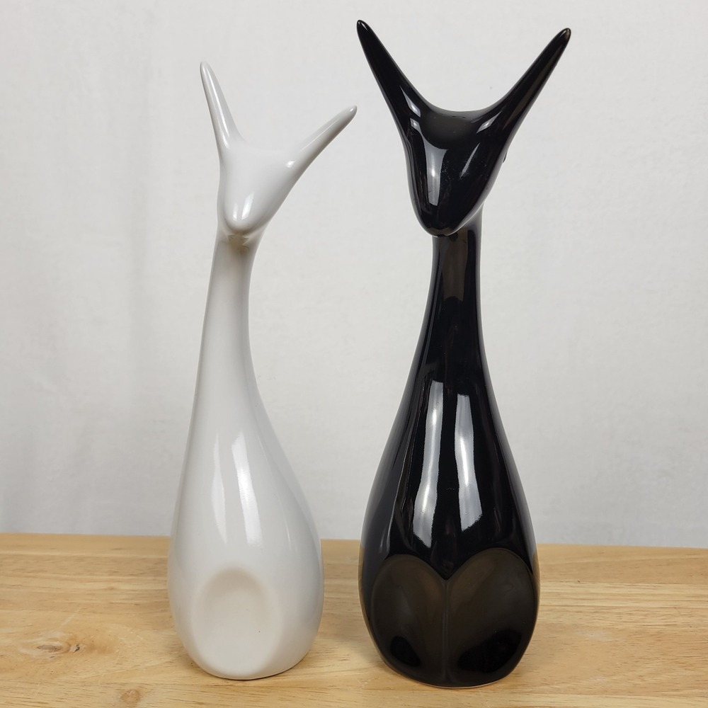 Vintage MCM Style Ceramic Deer Figurines 10" Glossy Black White Abstract Statue